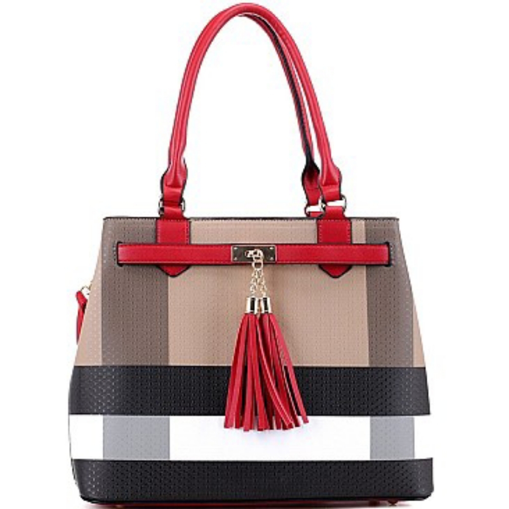 DELUXITY/ Los Angeles Plaid Tassel Faux Leather Handbag